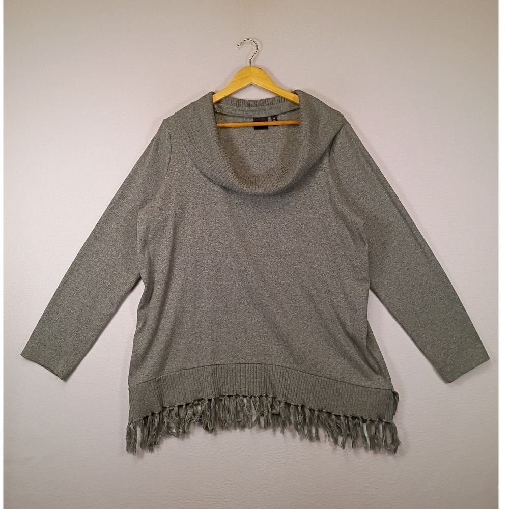 Boho‎ Rafaella Womens 1X Grey Cowl Neck Long Sleeve Fringe Hem Knit Sweater